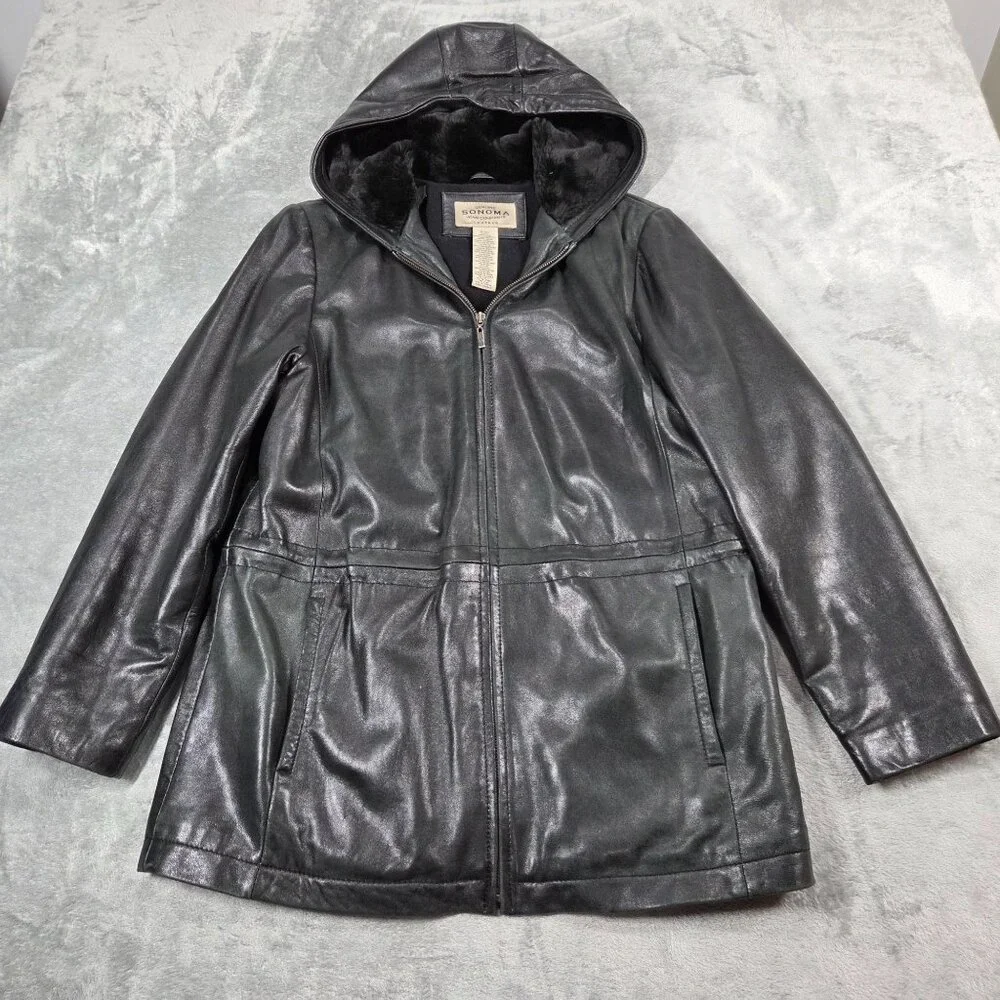 Vintage Sonoma Black Leather Coat Womens Small Fleece Lined Hooded Y2K READ